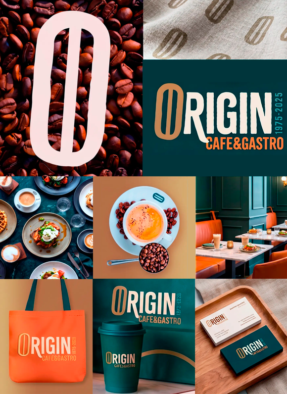 Moodboard visual del nuevo universo de marca, combinando herencia, café, gastronomía y una paleta cromática más actual.