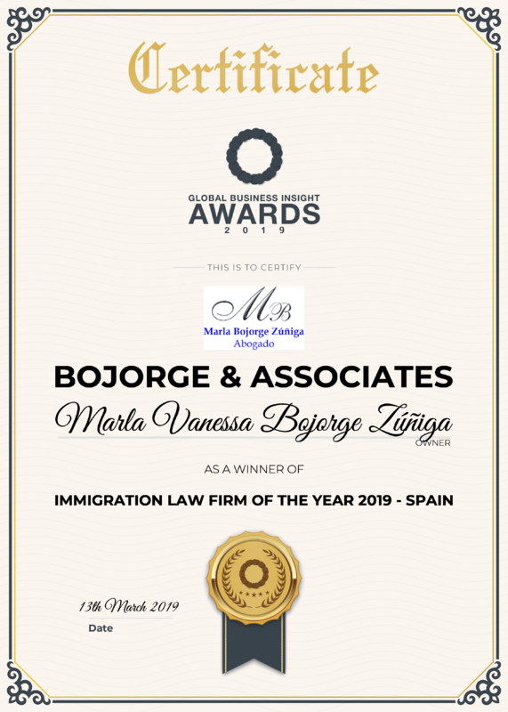 Certificado de reconocimiento,  Bojorge & Associates "Immigration Law Firm of the Year 2019 in Spain", Global Business Insight A[;;;][;;;]