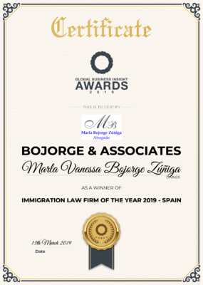 Certificado de reconocimiento,  Bojorge & Associates "Immigration Law Firm of the Year 2019 in Spain", Global Business Insight A